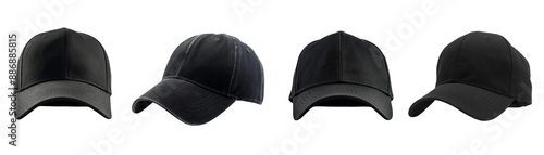 Set of Black Front and Side View Baseball Caps Cutout PNG: Mockup Template for Graphic Design