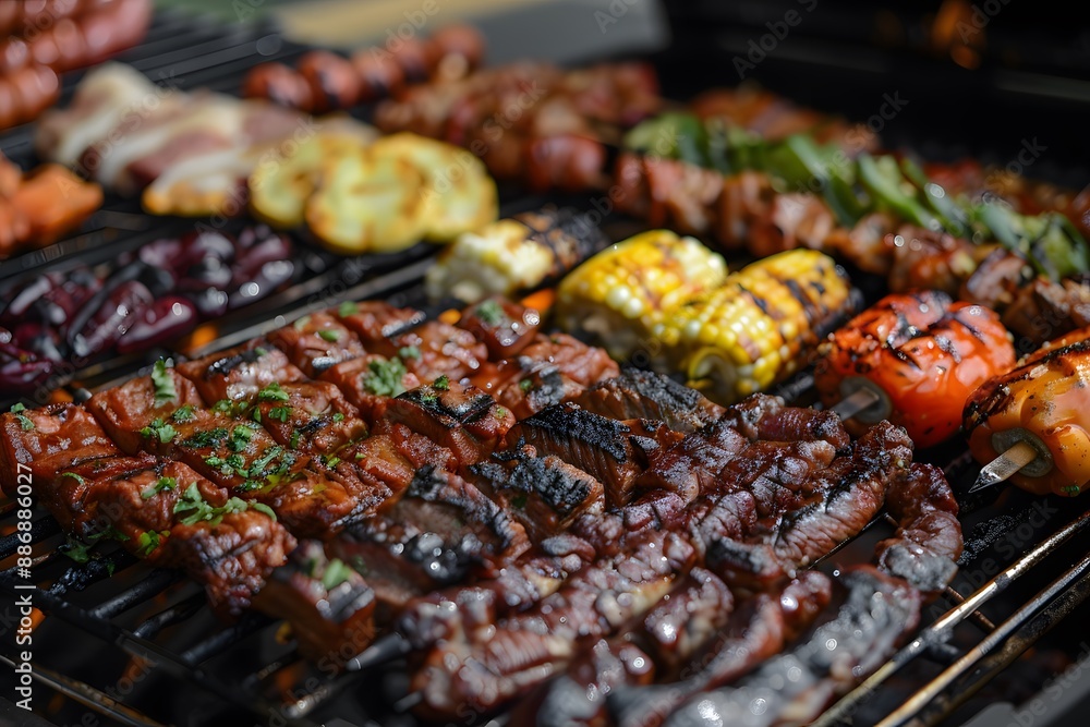 Delicious Assortment of Grilled Meats and Vegetables on a Barbecue