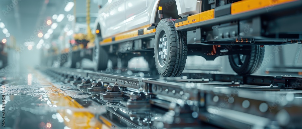 Fototapeta premium Automotive Production Line with Car Wheels on Conveyor Belt in Factory