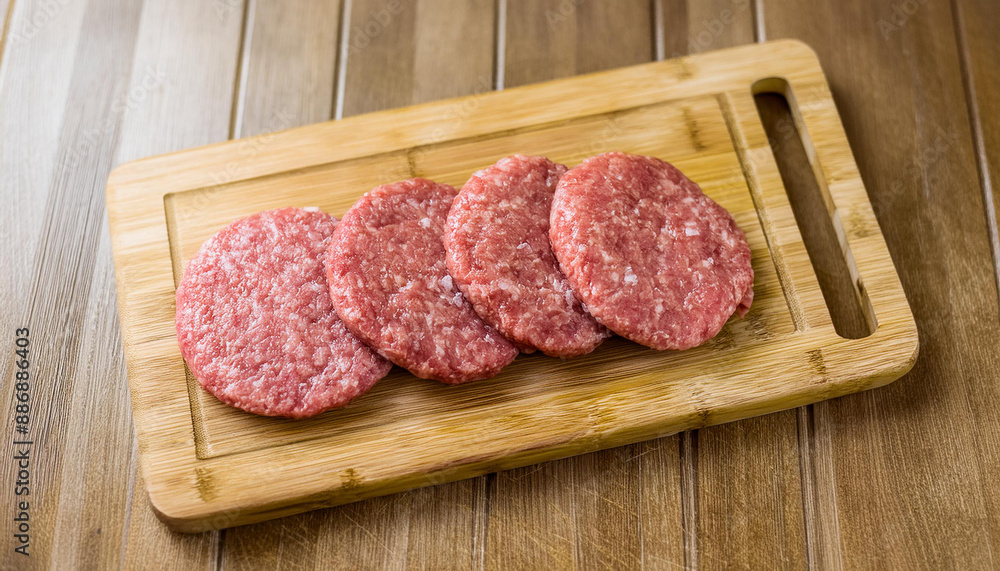 Raw veal cutlets on chopping board, before cooking for hamburgers and other dishes. Tasty food. Raw veal cutlets on chopping board, before cooking for hamburgers and other dishes. Tasty food.