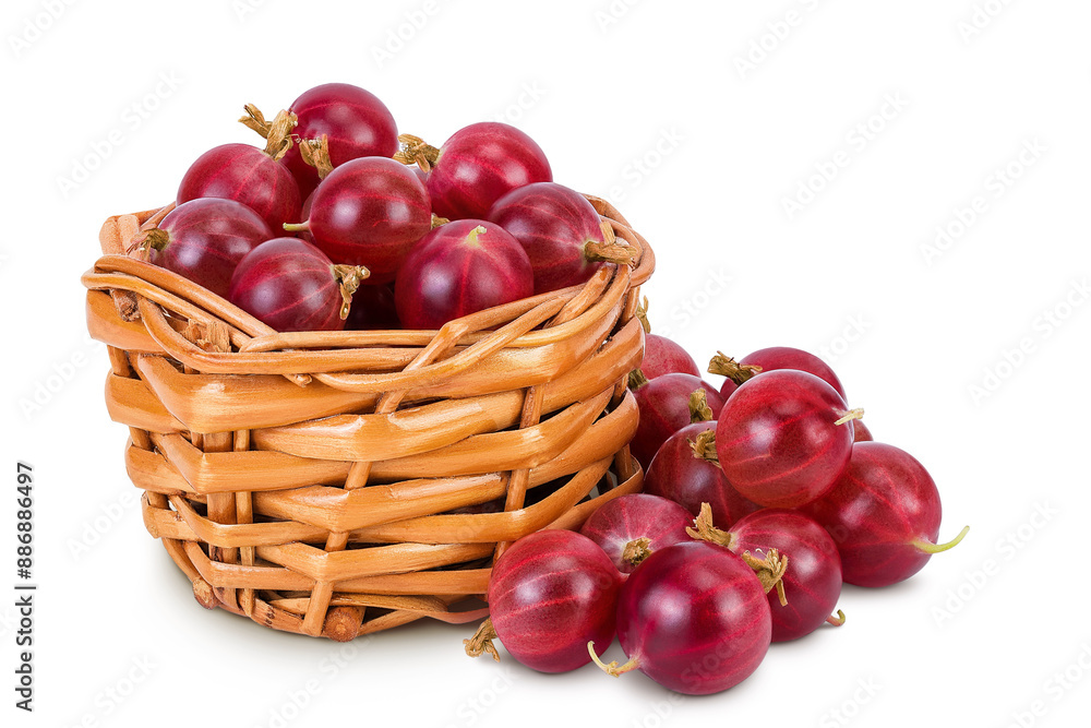 Red gooseberry in a wicker basket isolated on white background with full depth of field. Red gooseberry in a wicker basket isolated on white background with full depth of field.