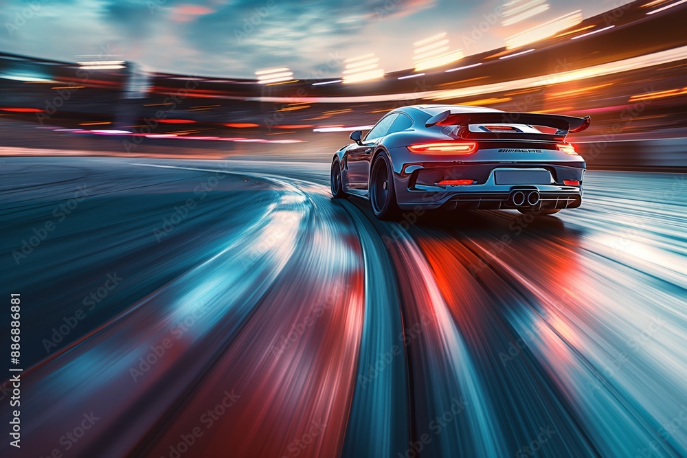 Blurred motion of a sleek sports car on a race track at dusk Blurred motion of a sleek sports car on a race track at dusk