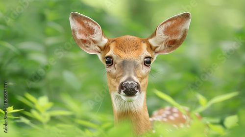 Cute Fawn in Nature. Wildlife Photography of Fawn in Forest Greenery