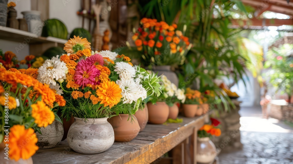 A table full of vases with flowers in them. The flowers are orange and white. The table is in front of a building A table full of vases with flowers in them. The flowers are orange and white. The table is in front of a building