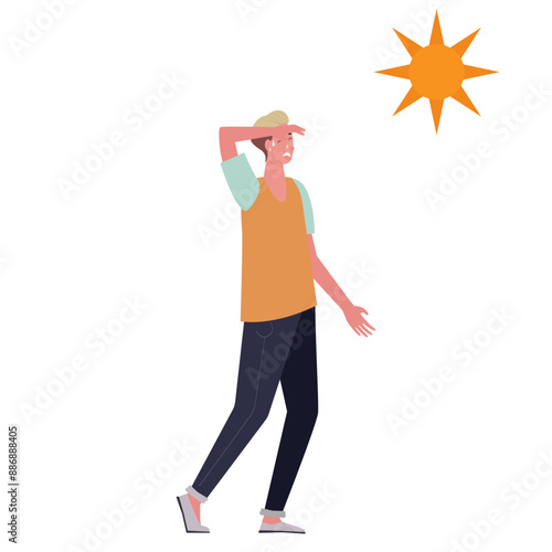 Man suffering from headache from heat and sweaty dehydration from strong sunlight in flat design.