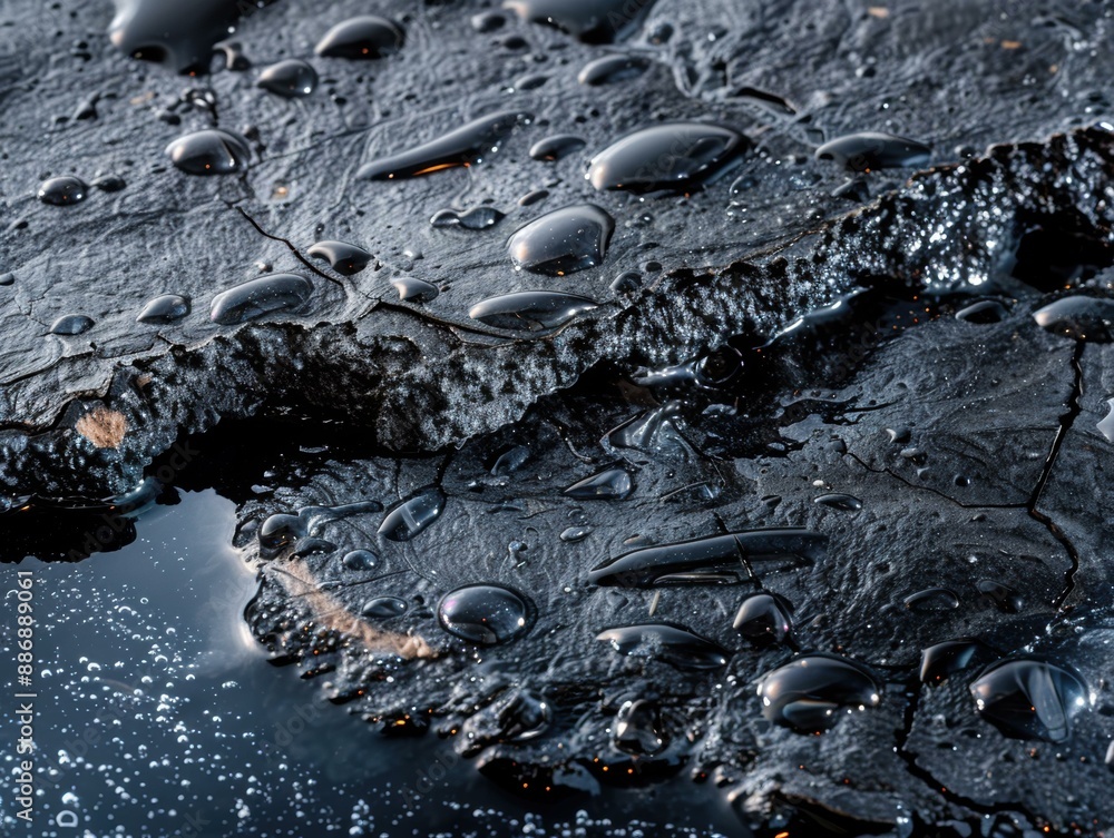 Close-up of a tar puddle reflecting the light. AI. Close-up of a tar puddle reflecting the light. AI.