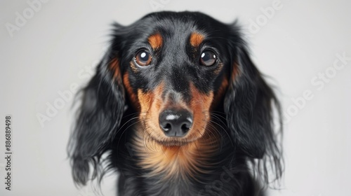 Close up of a two tone long haired Dachshund dog on a white background