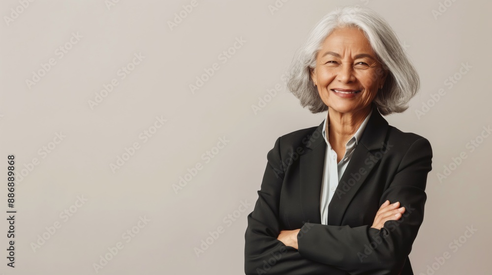 Professional Elderly Woman with Gray Hair in Business Attire, Confidently Smiling, Studio Shot Professional Elderly Woman with Gray Hair in Business Attire, Confidently Smiling, Studio Shot