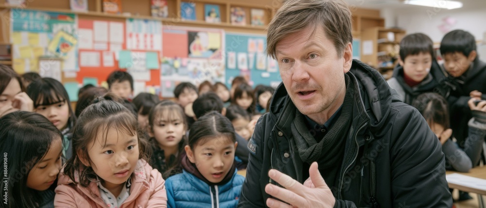 Fototapeta premium A man is talking to a group of children in a classroom. AI.