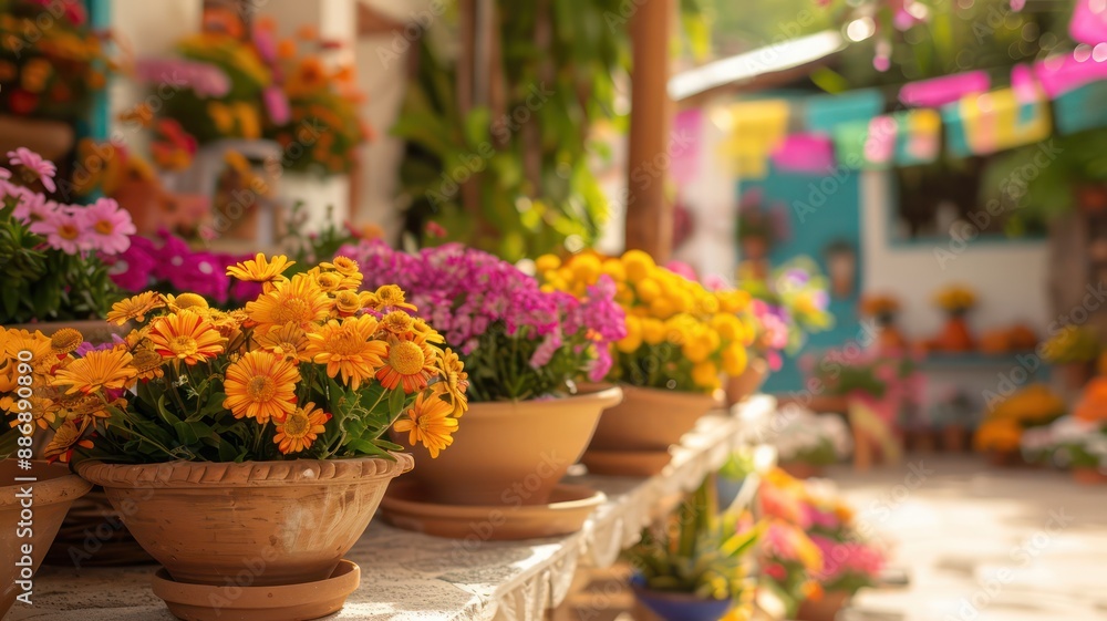 A row of potted plants with a variety of colors and sizes. The scene is lively and colorful, with the plants adding a touch of nature to the setting A row of potted plants with a variety of colors and sizes. The scene is lively and colorful, with the plants adding a touch of nature to the setting
