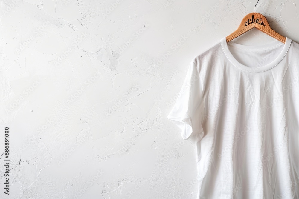 Trendy women's T-shirt hanger, white background, with copy space for fashion blogs, websites and social media posts Trendy women's T-shirt hanger, white background, with copy space for fashion blogs, websites and social media posts