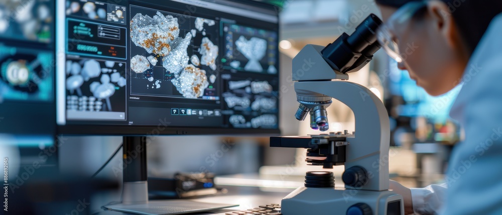 Fototapeta premium Engineer Analyzing Mineral Samples Through Microscope for Geological Survey