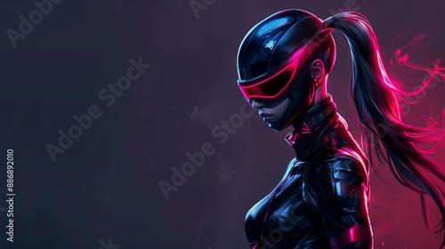 Futuristic heroine in black suit under neon light, gaze intense