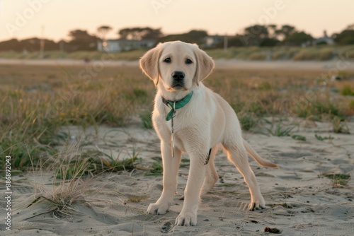 A cute puppy standing on the beach. AI.