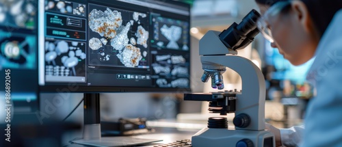 Engineer Analyzing Mineral Samples Through Microscope for Geological Survey