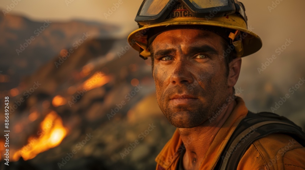 Fototapeta premium Firefighter battling a wildfire. AI.