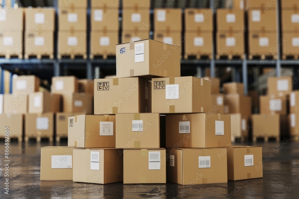 Organized Stack of Shipping Boxes in Warehouse