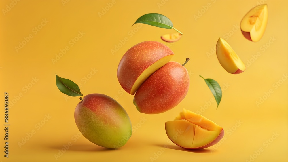 Vibrant Mango Slices with Green Leaves - Fresh Organic Fruit Bursting with Vitamins and Minerals Vibrant Mango Slices with Green Leaves - Fresh Organic Fruit Bursting with Vitamins and Minerals