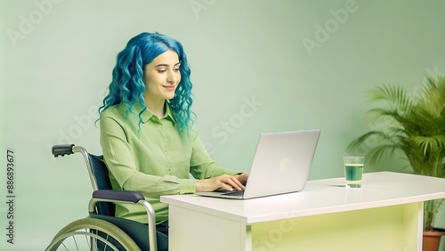 Inclusive Workplace: Blue-Haired Female Employee in Wheelchair at Diverse and Accessible Office