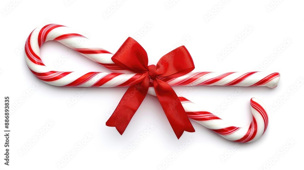 Isolated Christmas Candy Cane with Red Bow on White Background Isolated Christmas Candy Cane with Red Bow on White Background