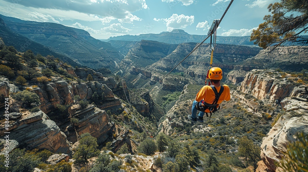 Obraz premium High-octane scene of a stunt performer zip-lining across a canyon, with rugged terrain and scenic views, showcasing aerial adventure. Illustration, Image, , Minimalism,