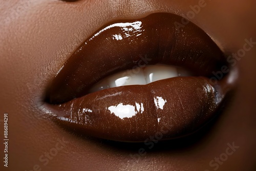 Close-up of a beautiful woman's mouth. A shot of an African-American woman with glossy ajar lips Dark skin. Plump full lips. Close-up detail of the face.