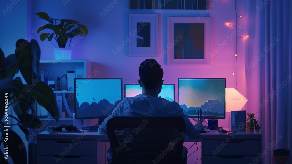 Fototapeta premium A graphic designer sits at their desk in a brightly lit home office, surrounded by multiple monitors and working late into the night