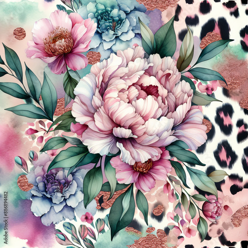 A vibrant floral arrangement featuring peonies and roses in soft pastel colors, set against a bold leopard print background, creating a striking contrast.