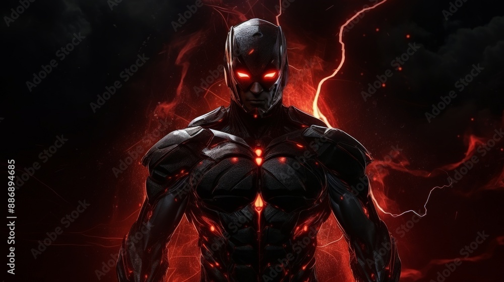 A superhero stands in a fiery, red background A superhero stands in a fiery, red background