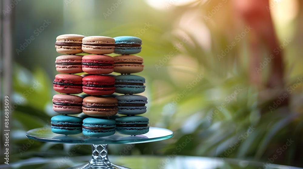 Jewel tones macarons arranged in a circular pattern on a glass table ...