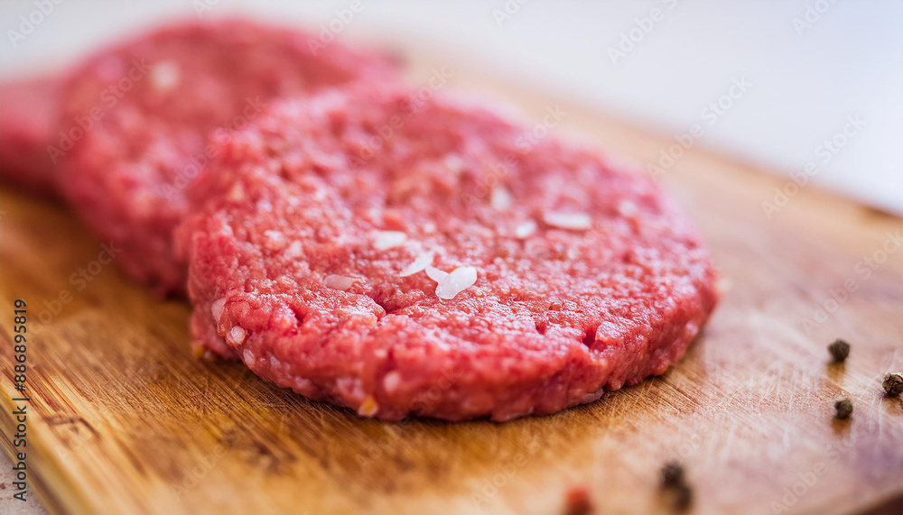 Raw veal cutlets on chopping board, before cooking for hamburgers and other dishes. Tasty food. Raw veal cutlets on chopping board, before cooking for hamburgers and other dishes. Tasty food.