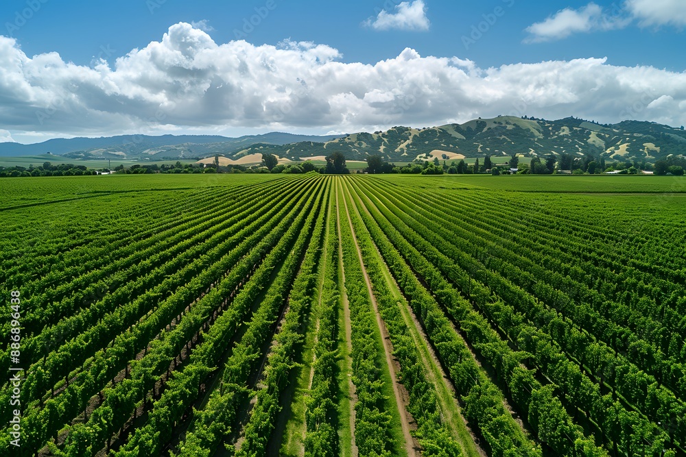 Expansive Vineyard with Lush Green Rows and Rolling Hills in the Background Expansive Vineyard with Lush Green Rows and Rolling Hills in the Background