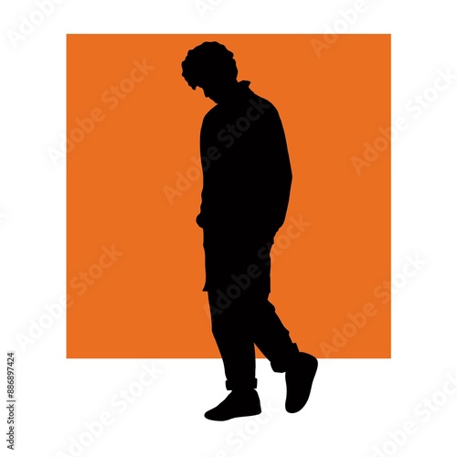 Modern Silhouette of a Man Walking Against an Orange Background, young man fashion illustration