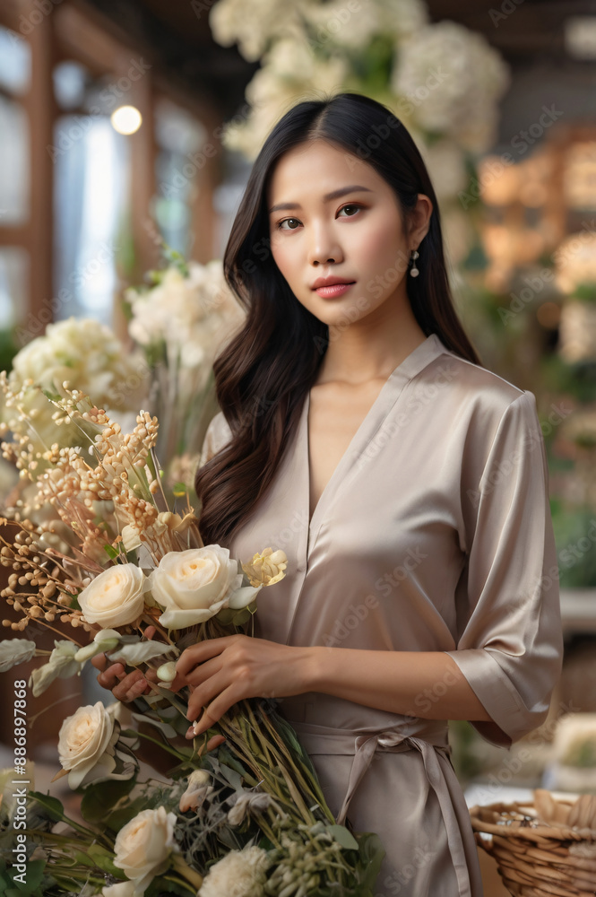 Obraz premium asian girl selling flowers, enterprise, space for copy, text
