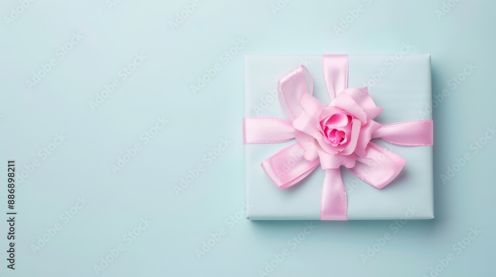A gift box, adorned with a pink ribbon and crowned by a rose, sits against a light blue backdrop, allowing ample room for copy A gift box, adorned with a pink ribbon and crowned by a rose, sits against a light blue backdrop, allowing ample room for copy