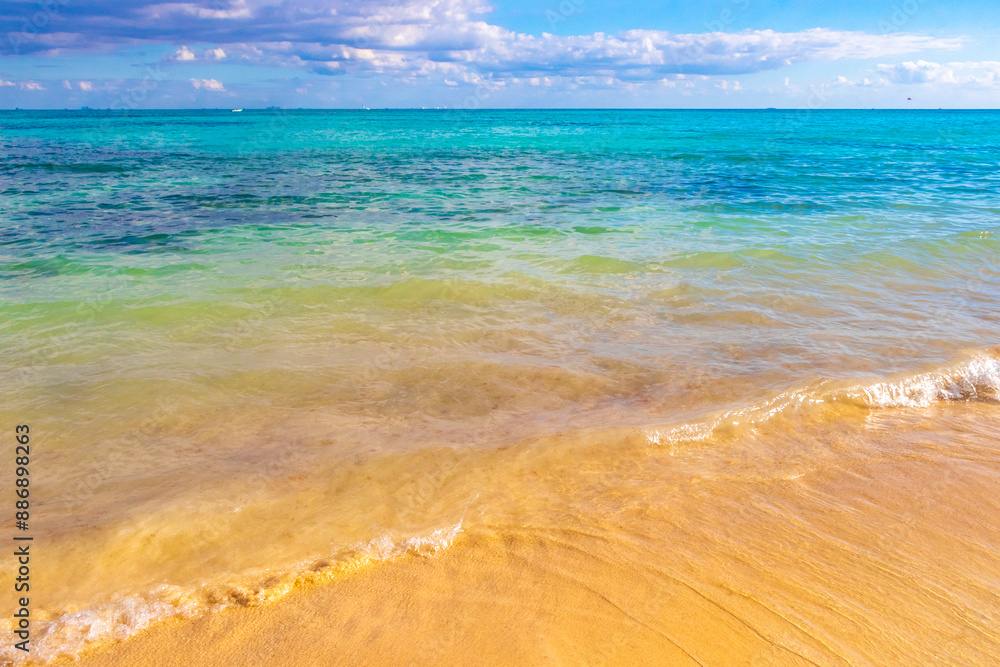 Fototapeta premium Tropical Caribbean beach clear turquoise water Playa del Carmen Mexico.