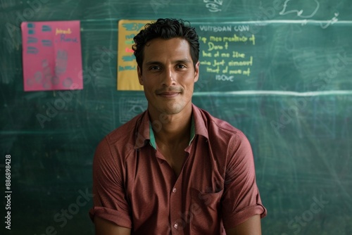 Confident Young Male Teacher Smiling in Classroom