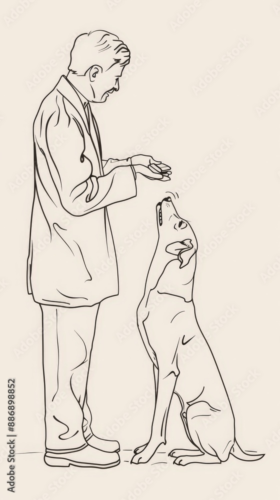 Line drawing of man training dog. Pet training and animal behavior concept. Line drawing of man training dog. Pet training and animal behavior concept.