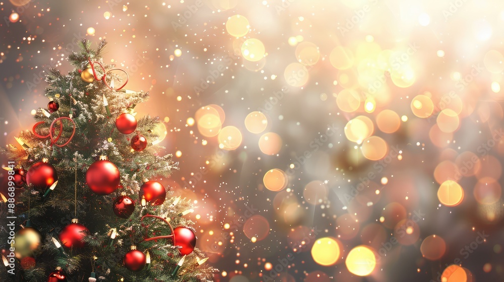 elegant and festive christmas tree with red gold ornaments and baubles on a blurred bokeh lights background for a sophisticated holiday atmosphere elegant and festive christmas tree with red gold ornaments and baubles on a blurred bokeh lights background for a sophisticated holiday atmosphere