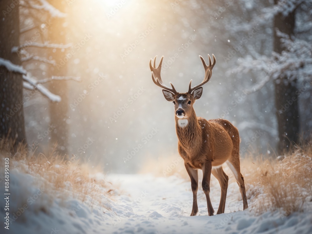 Deer Buck in Snowy Winter Forest with Sun Rays. Generative AI. Deer Buck in Snowy Winter Forest with Sun Rays. Generative AI.