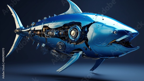 A metallic blue fish with exposed gears and pipes flies against a dark blue background