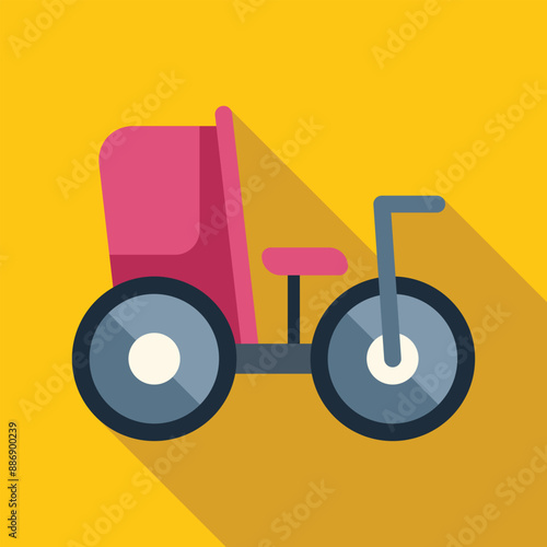 Pink cycle rickshaw taxi public transportation icon in flat style on a yellow background