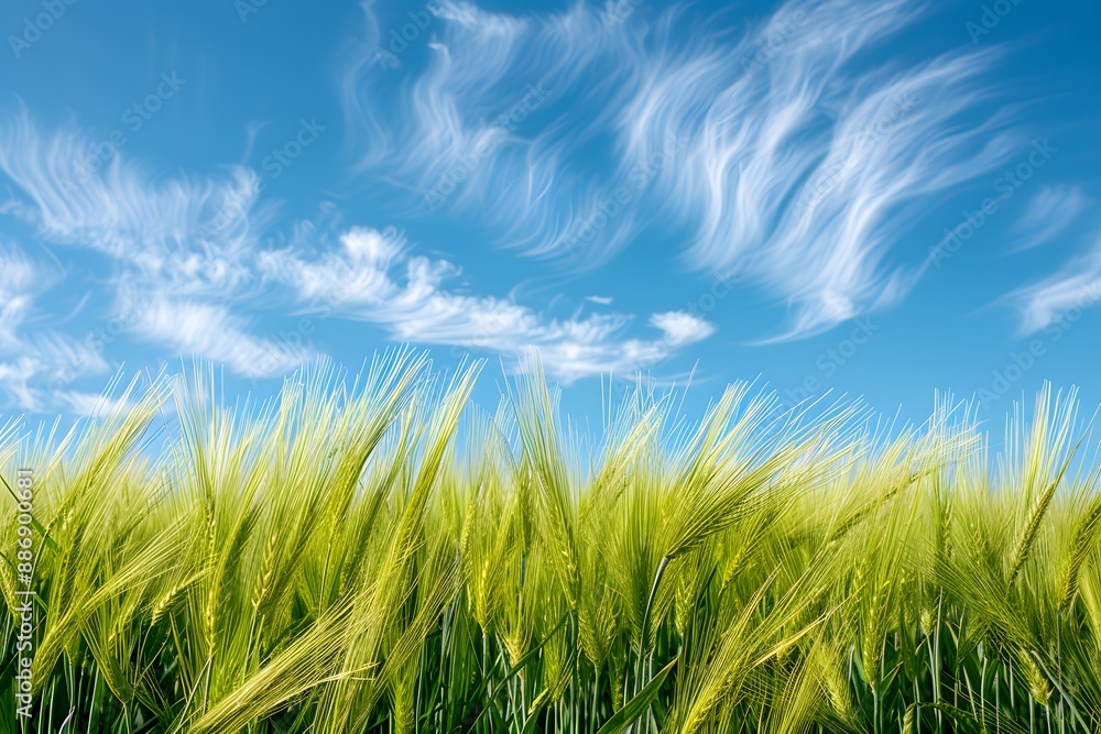 Fototapeta premium Golden Wheat Field Under a Clear Blue Sky with Whimsical Clouds