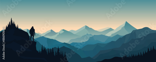 Man on top of a mountain looks at a beautiful mountain panoramic landscape. Mountain tourism and travel concept. Vector illustration for design.