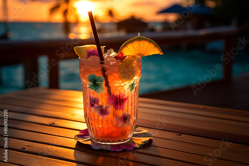 Tropical Cocktail on Beach at Sunset photo