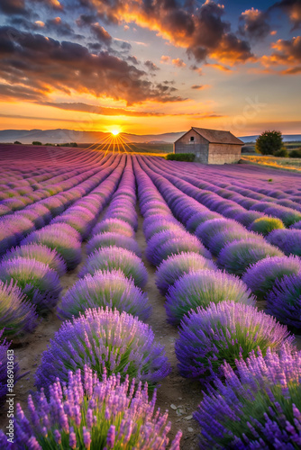 Enchanting Lavender Field in Bloom with Vibrant Purple Flowers at Sunset. photo