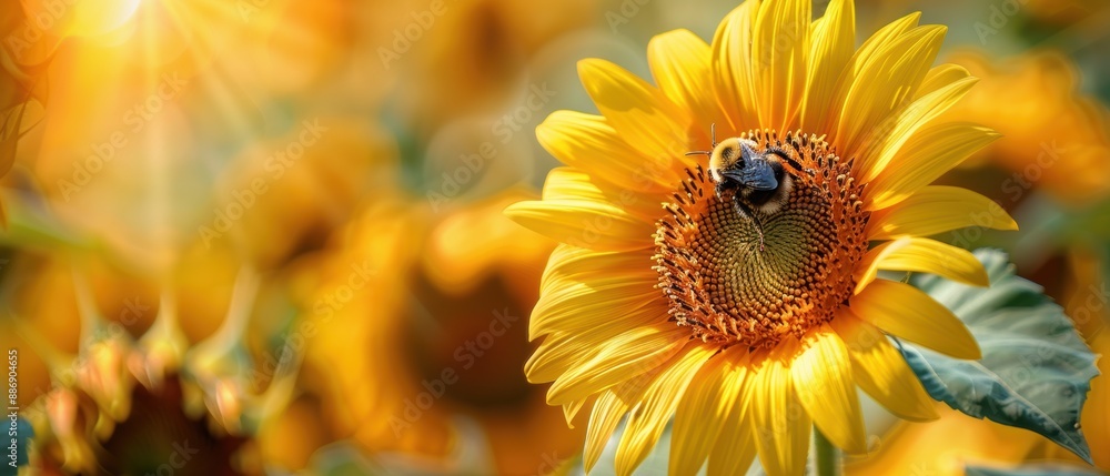 Obraz premium Vibrant Sunflower with Bumblebee Collecting Nectar in Summer Garden