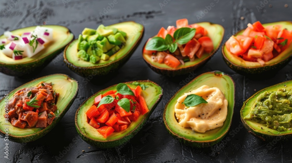 Assorted stuffed avocado halves with various fillings including vegetables and sauces on a dark background, showcasing healthy cuisine.