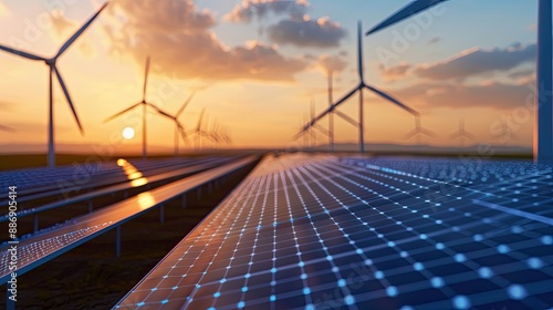 Solar panels and wind turbines at sunset, representing renewable energy and sustainable power generation concepts for a green future.