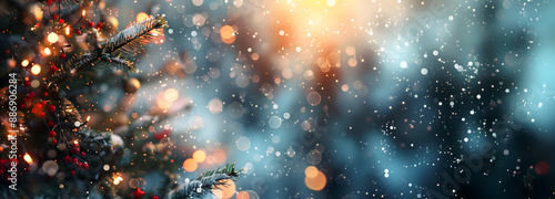 blurred christmas tree background with bokeh effect; blue festive xmas decorations; widescreen backdrop; copy space for text